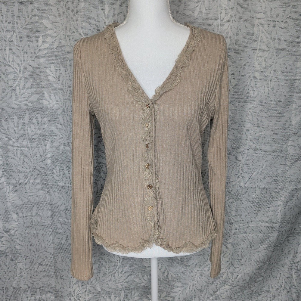 Newine Tan Ribbed Lace Trim Button Front Long Sleeve Cardigan Top Large